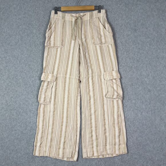 Anthropologie Beige Striped Linen Blend Cargo Wide Leg Pants Size 27 - Picture 2 of 9